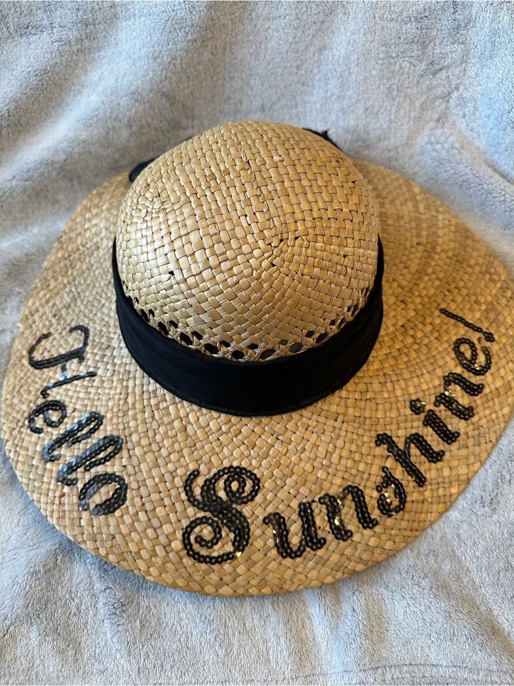 Straw Sun Hat with Black Ribbon - "Hello Sunshine"